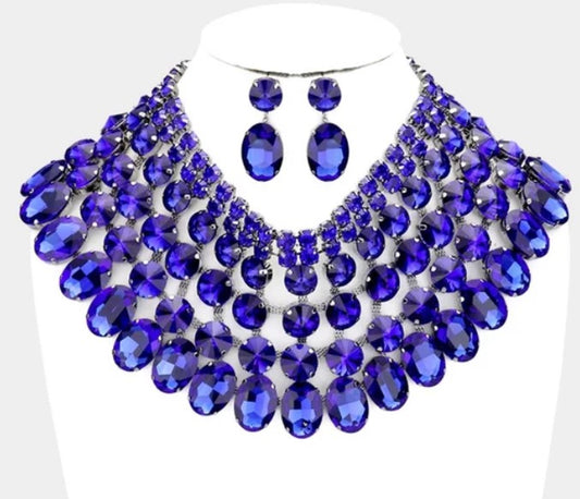 Royal Sapphire Statement Bib Necklace & Earrings Set